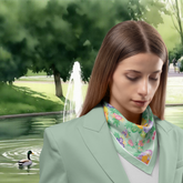 Woman wearing a floral scarf in a park setting with a fountain and ducks.