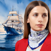 Woman wearing a patterned silk Nautical scarf with a ship in the background