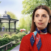Woman wearing a red sweater with a blue and red patterned scarf in a park setting with band stand Buxton Park.