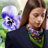 Woman wearing a colorful floral scarf with a background of purple flowers and green leaves