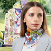 Woman wearing a colourful Peak floral scarf with a garden-themed background
