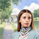 Bakewell - scene in the background of model wearing Dog tooth Silk Scarf - floral