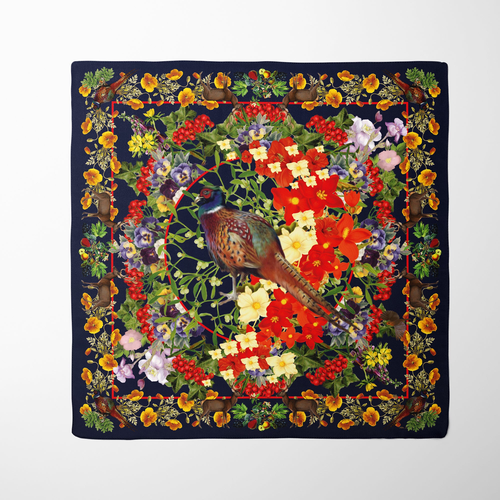 Exquisite Pheasant  Silk Scarf. Rich brown tones and vibrant floral bursts create a captivating design. Crafted from 100% silk twill with meticulous hand-stitched detailing. Presented in a Silktopia box, a perfect gift. Shop now and make a refined statement.