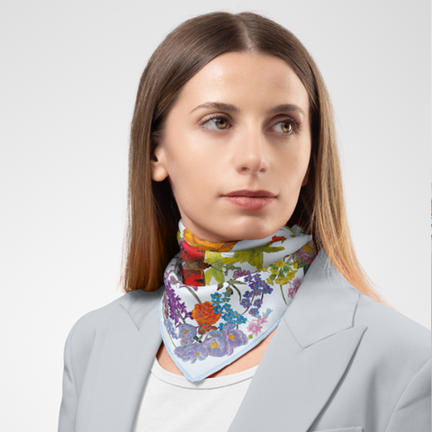 Model is wearing Peak Flora  Silk Twill Scarf