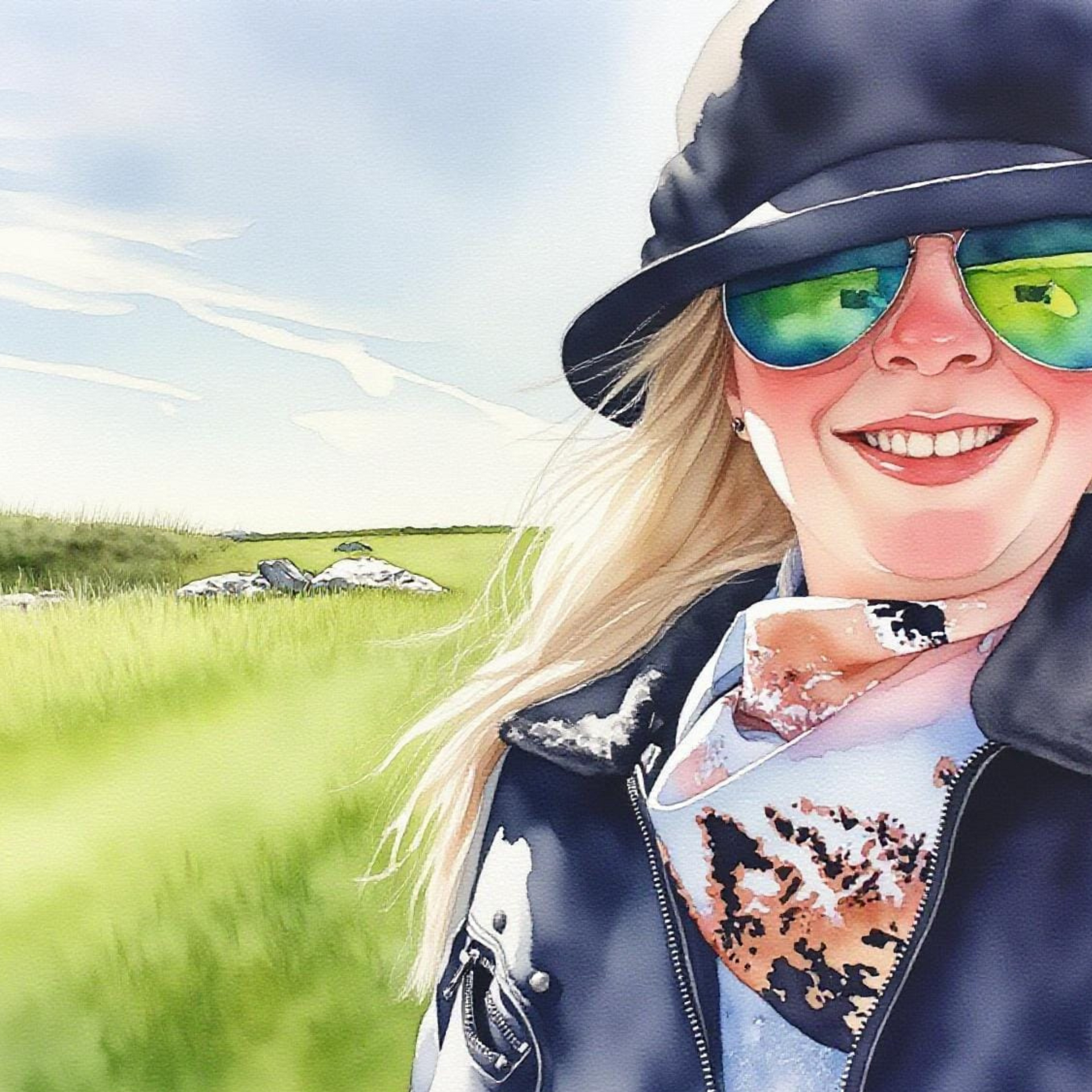 Person wearing a hat and sunglasses with a scenic background and wearing Fossil Silk Twill scarf