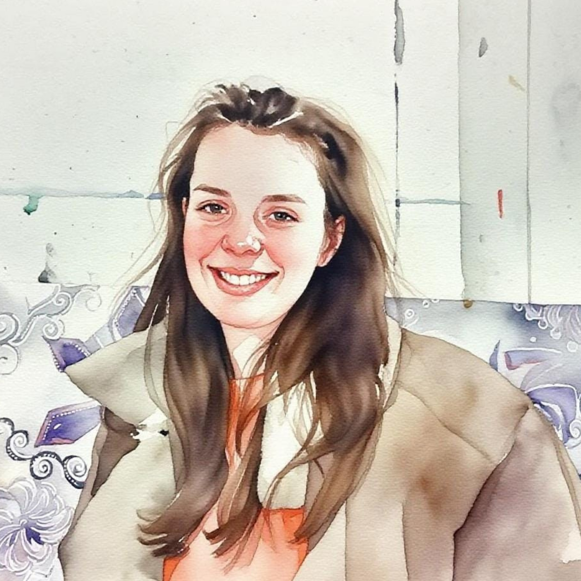 Illustration of a person with long hair against a decorative background