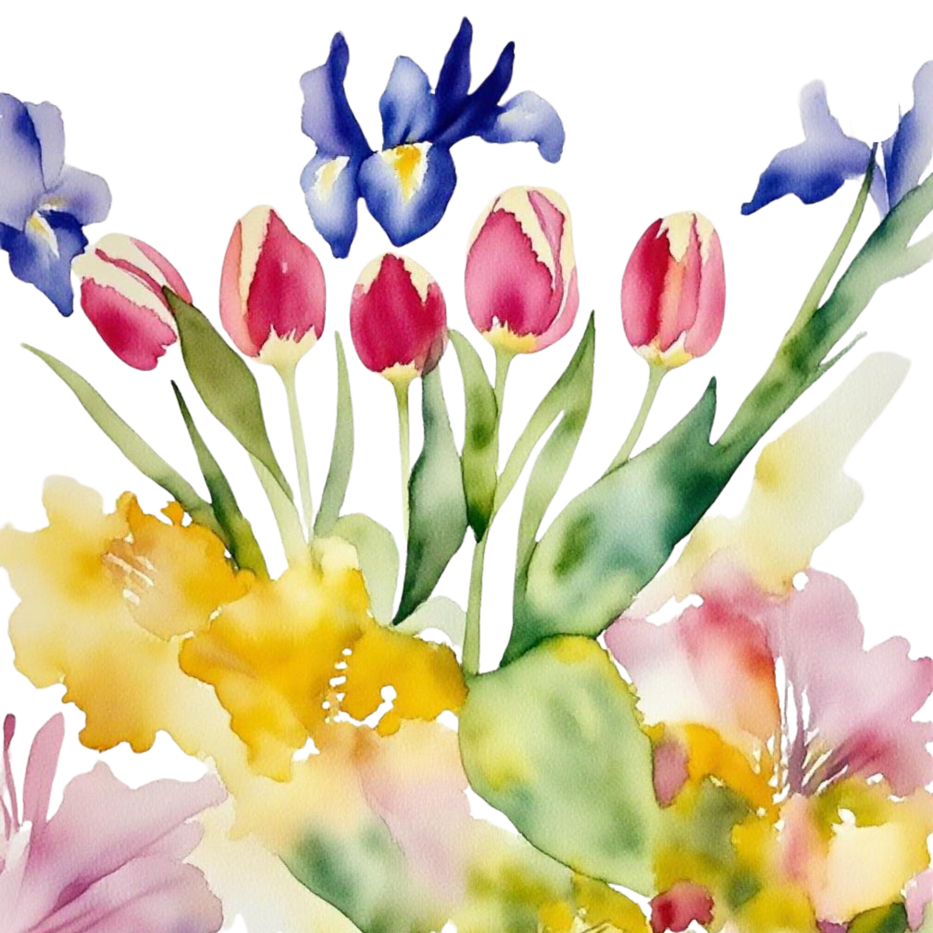 Colorful watercolor painting of flowers including tulips and irises on a white background.