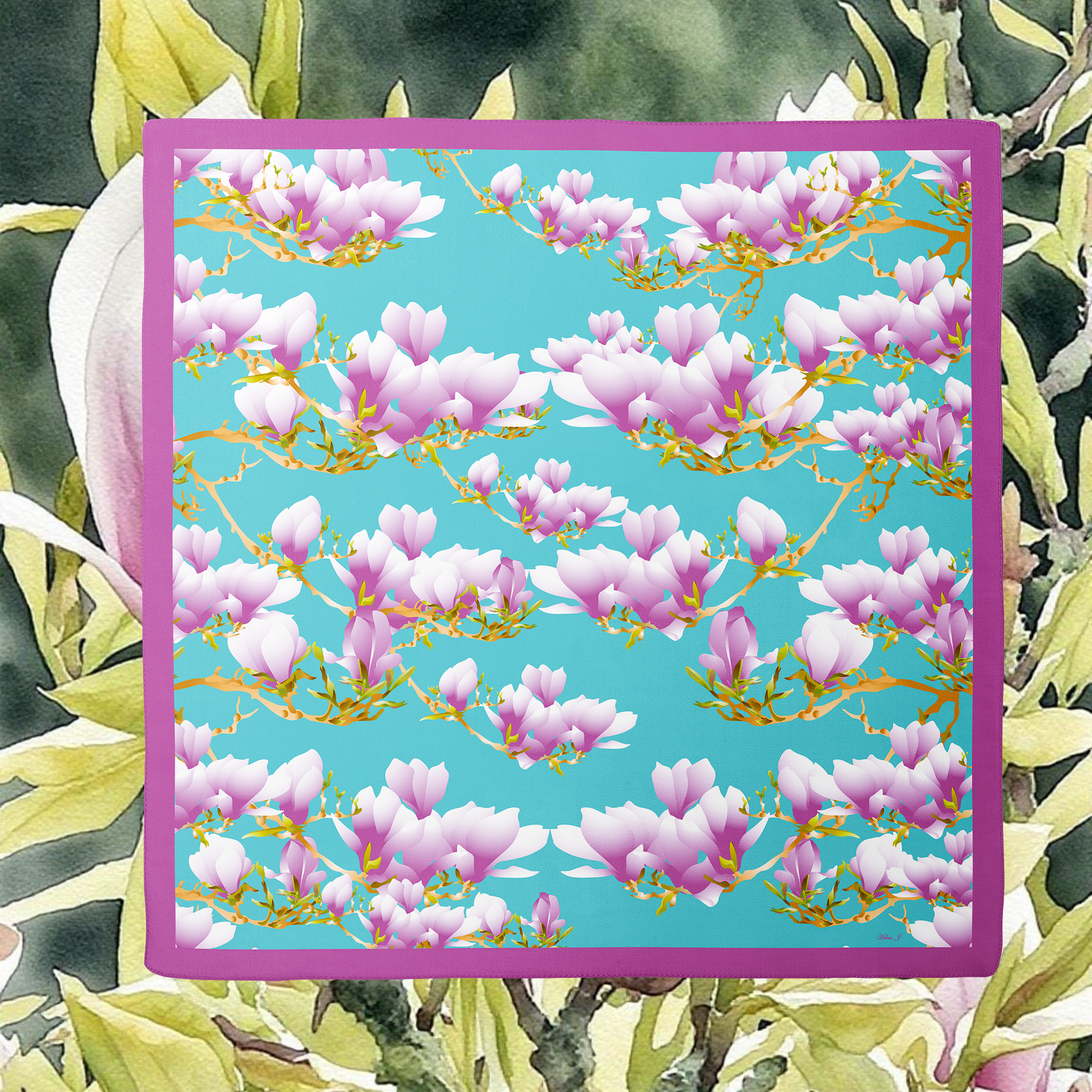 Floral pattern Silk Scarf with pink flowers on a blue background, framed by green leaves.