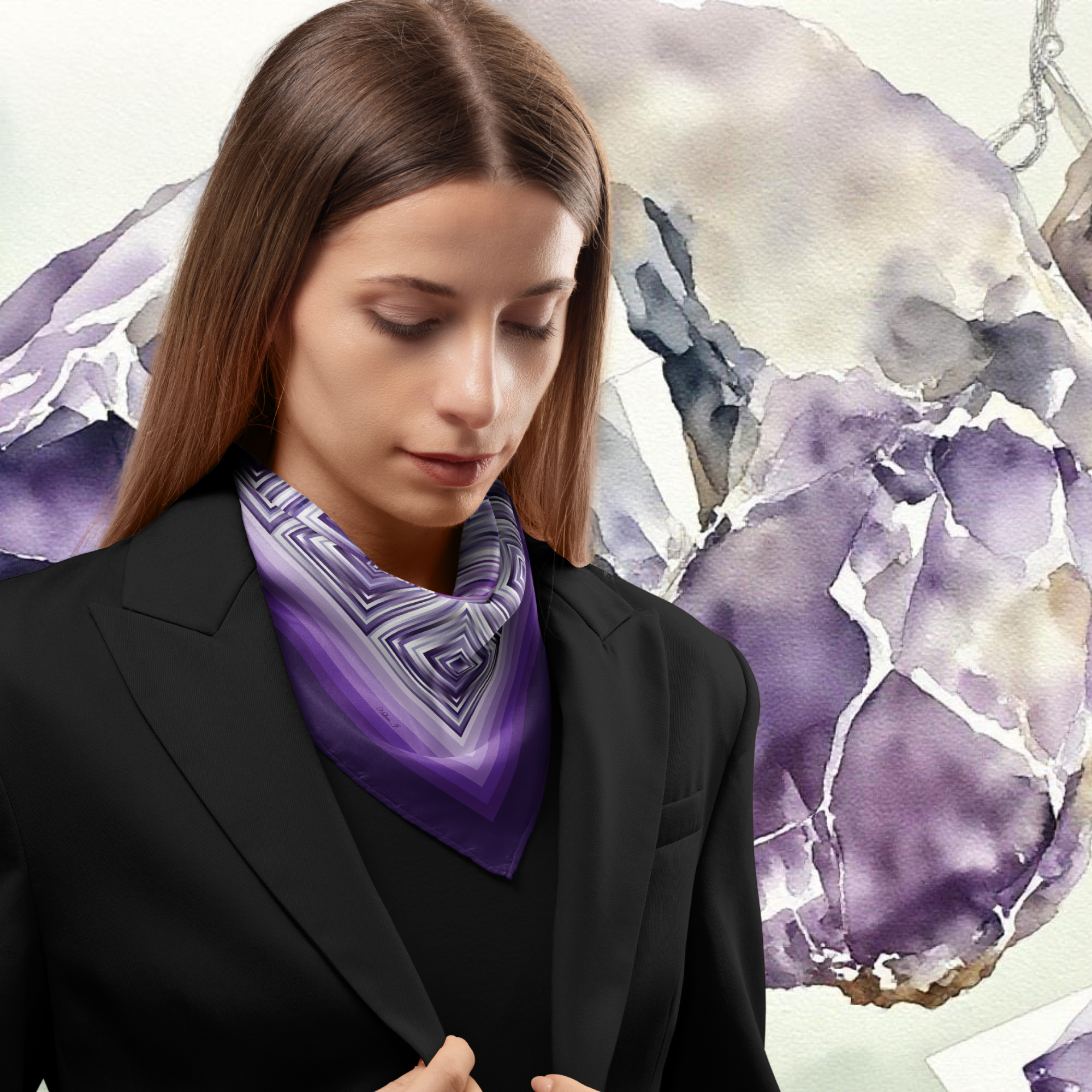 Woman wearing a purple geometric diamond silk twill scarf with a watercolour agate stone background
