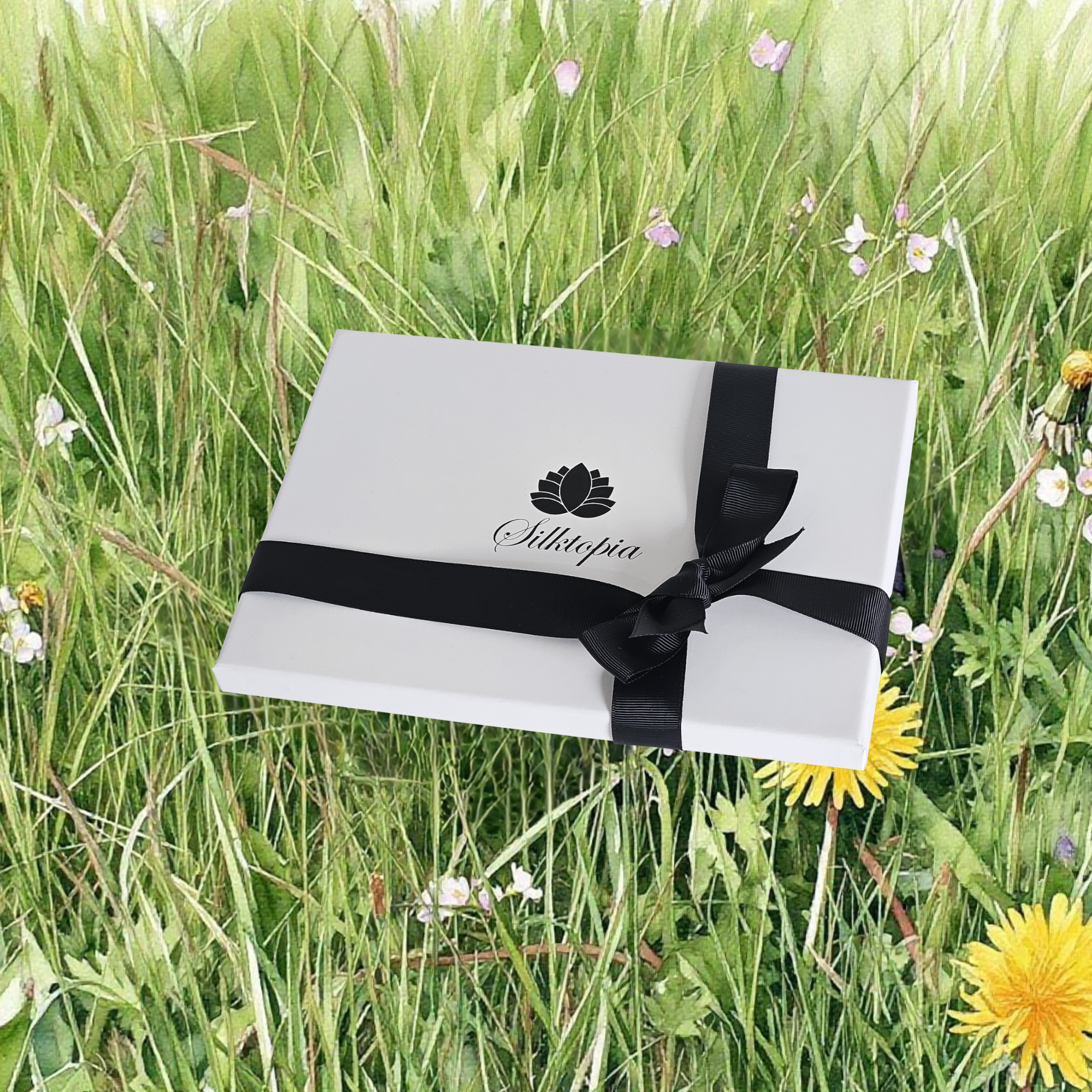 White gift box with black ribbon and 'Silktopia' logo on gift box on grass