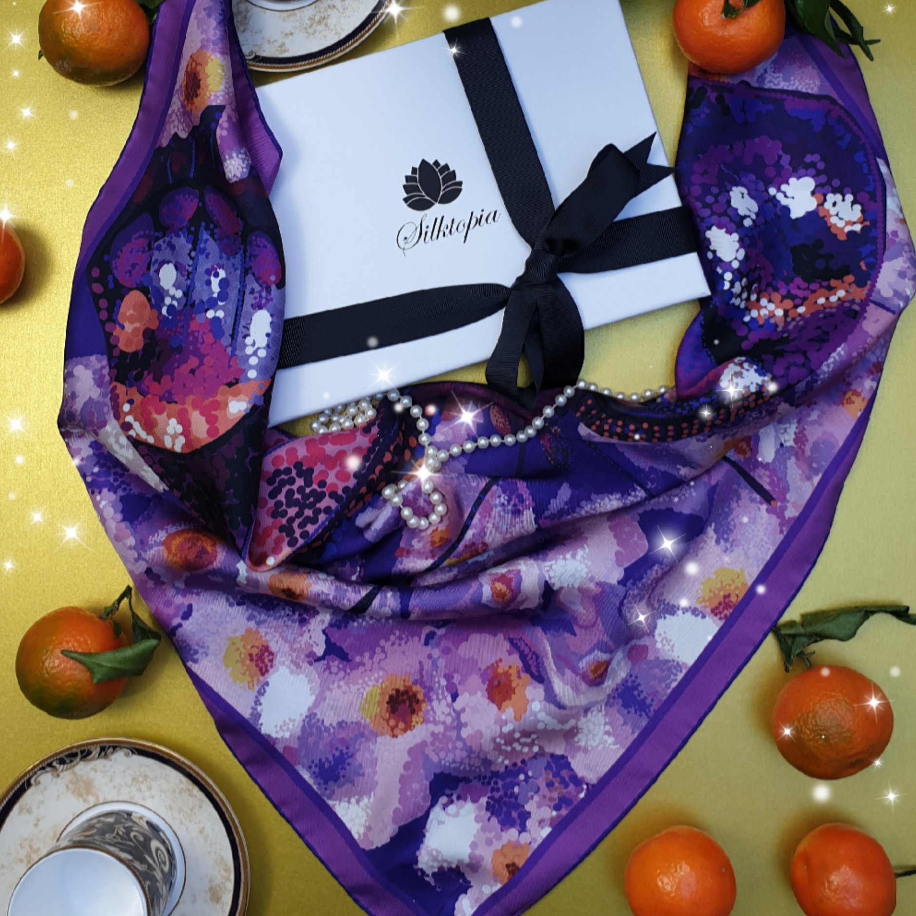 Purple floral scarf with a black bow on a yellow surface with tangerines