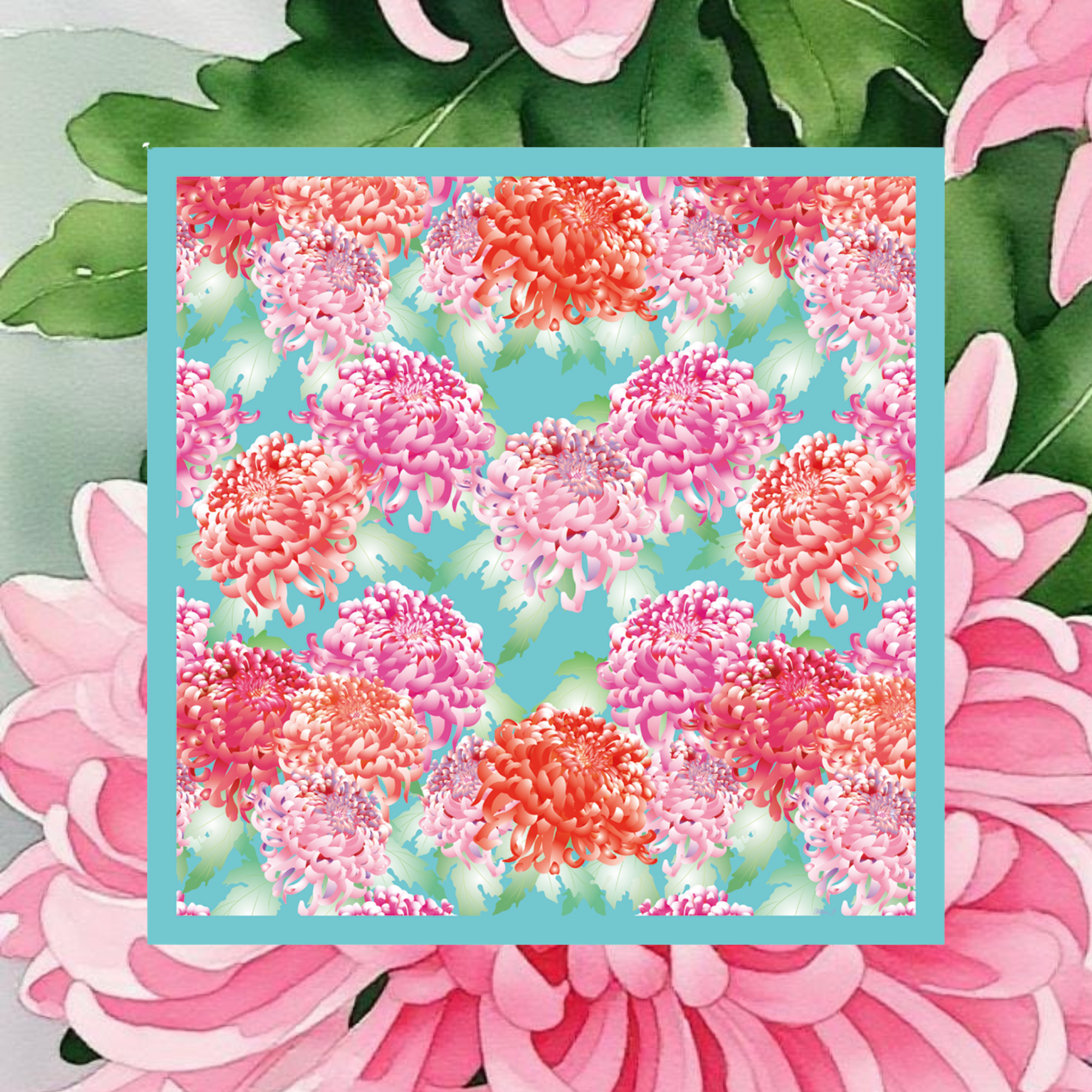 Floral pattern with pink and orange flowers on a blue background, surrounded by larger pink flowers.