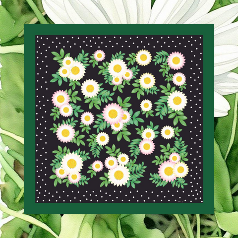 Floral pattern with daisies on a black background surrounded by green leaves and flowers.
