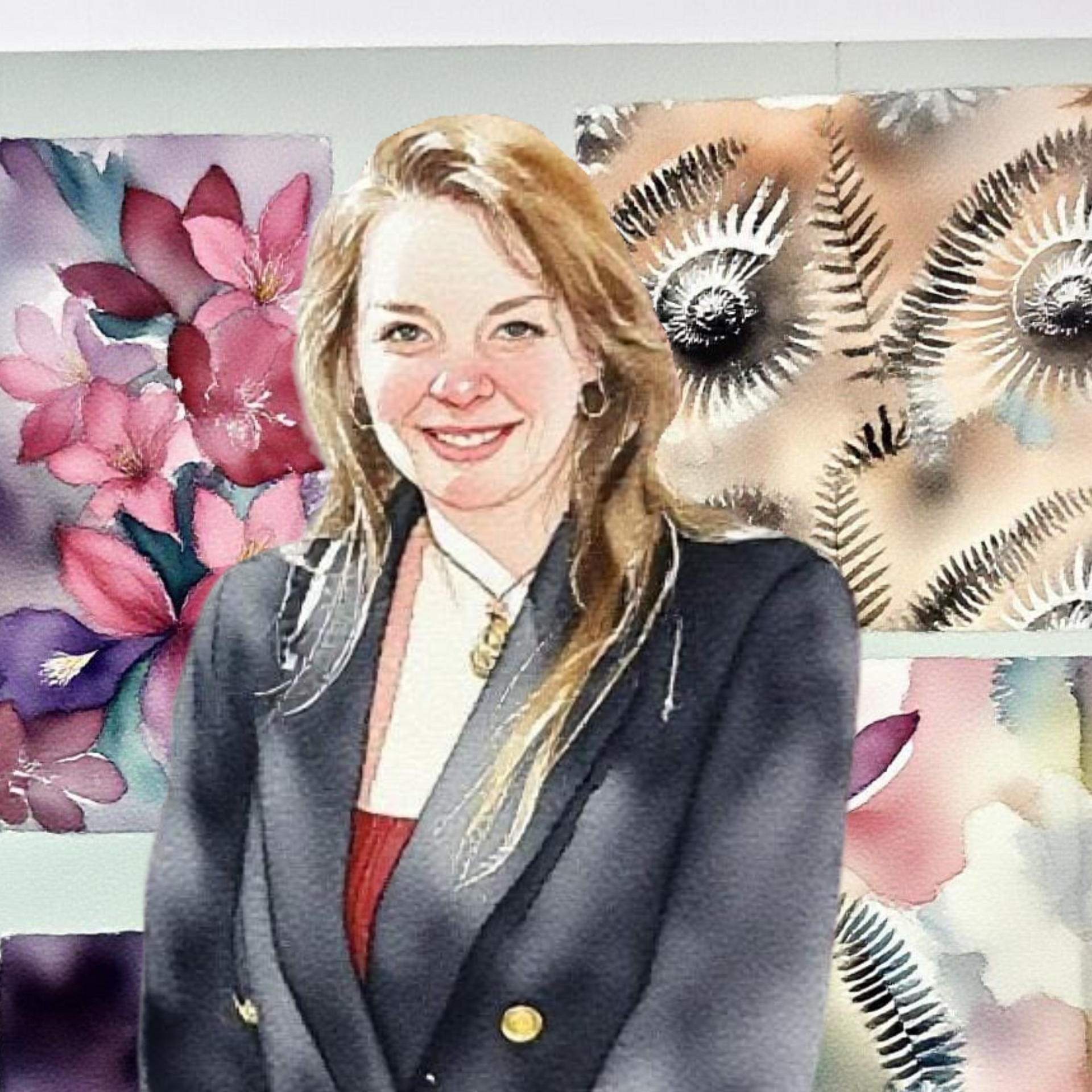 Helen Johnson the designer at her Degree Show; Showing floral background.