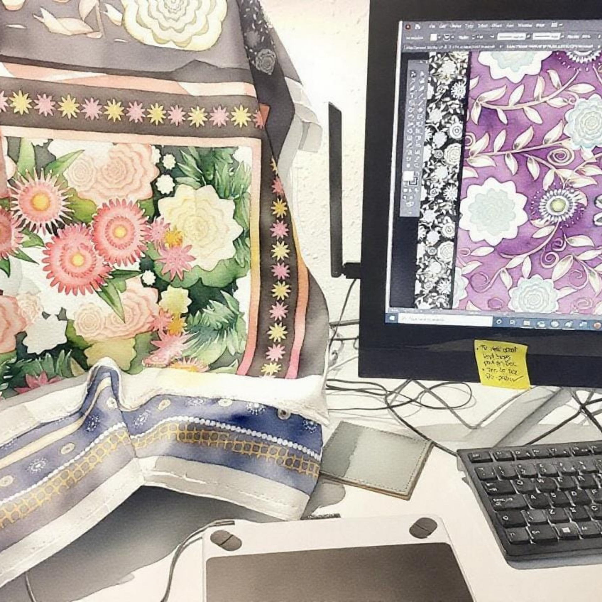 Floral fabric swatches and a computer screen displaying design software on a desk.