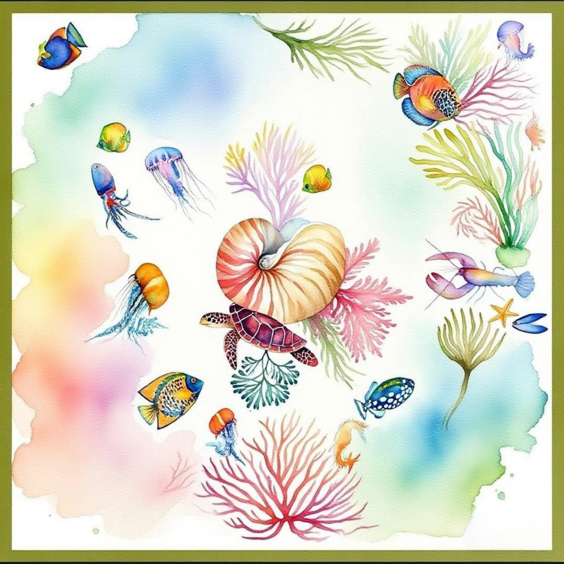 Colorful underwater scene with fish, a turtle, and sea plants on a watercolor background.