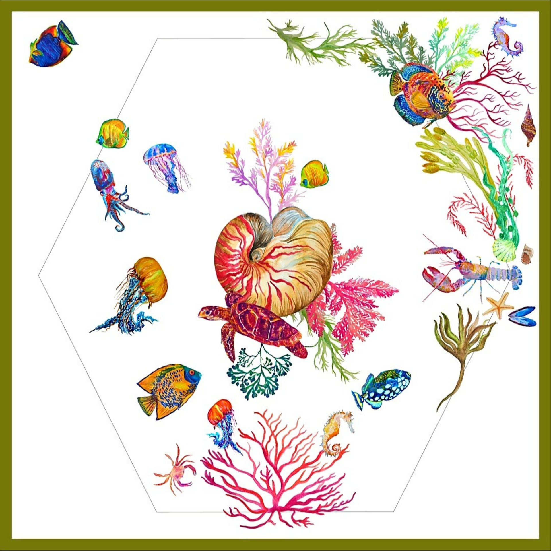 Colorful underwater scene with sea creatures and plants on a white background