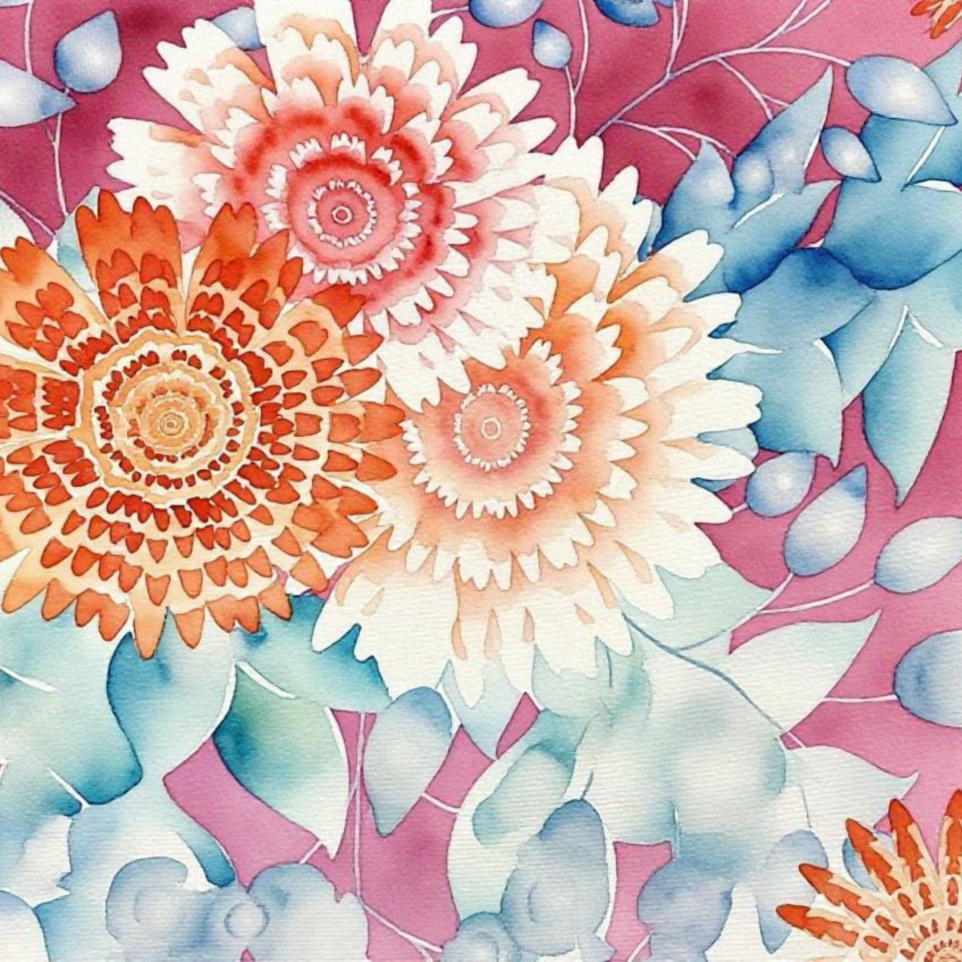 Colorful floral pattern with orange, pink, and blue flowers on a pink background