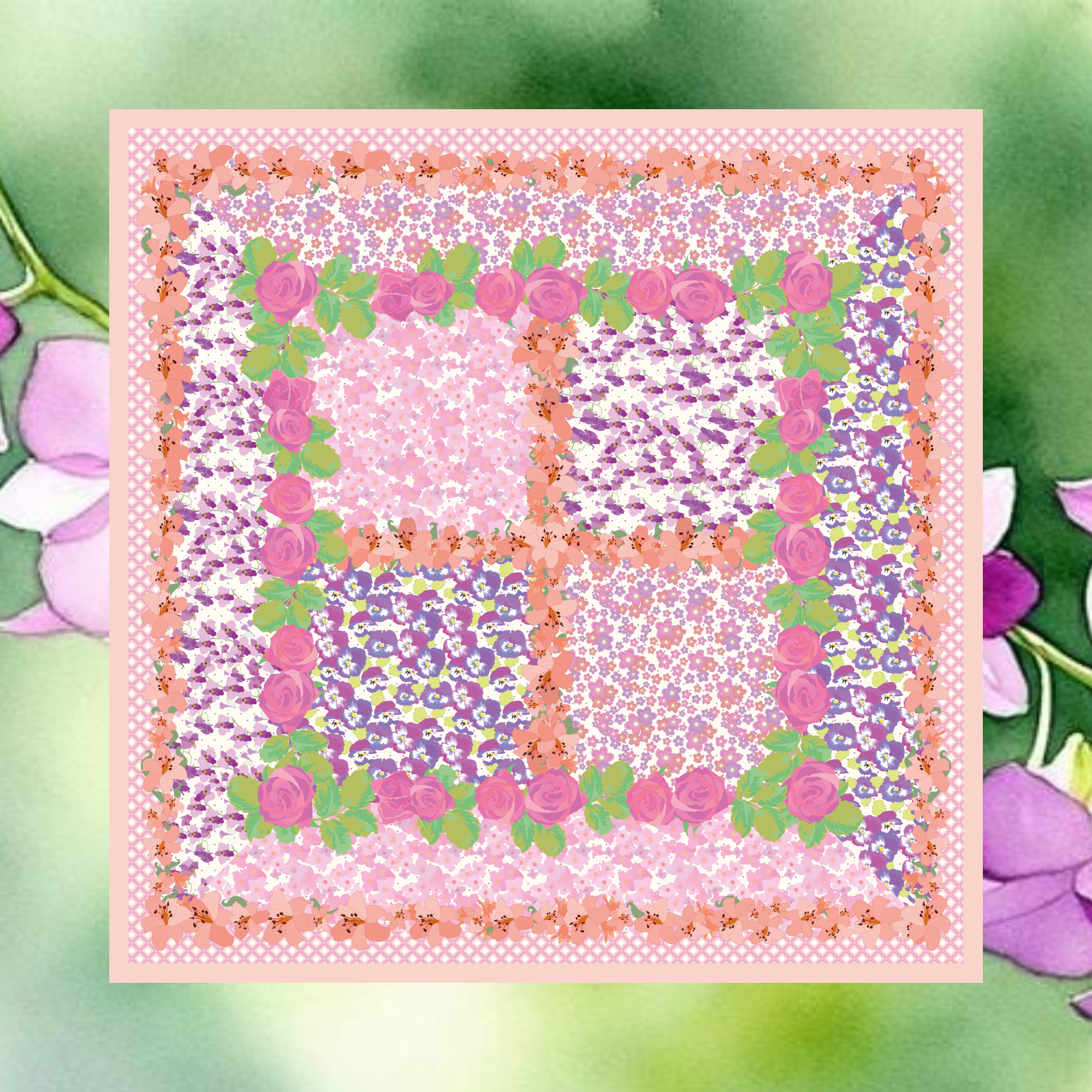 Floral patterned fabric square with a pink/peach trellis border on a floral background