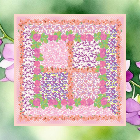 Floral patterned fabric square with a pink/peach trellis border on a floral background