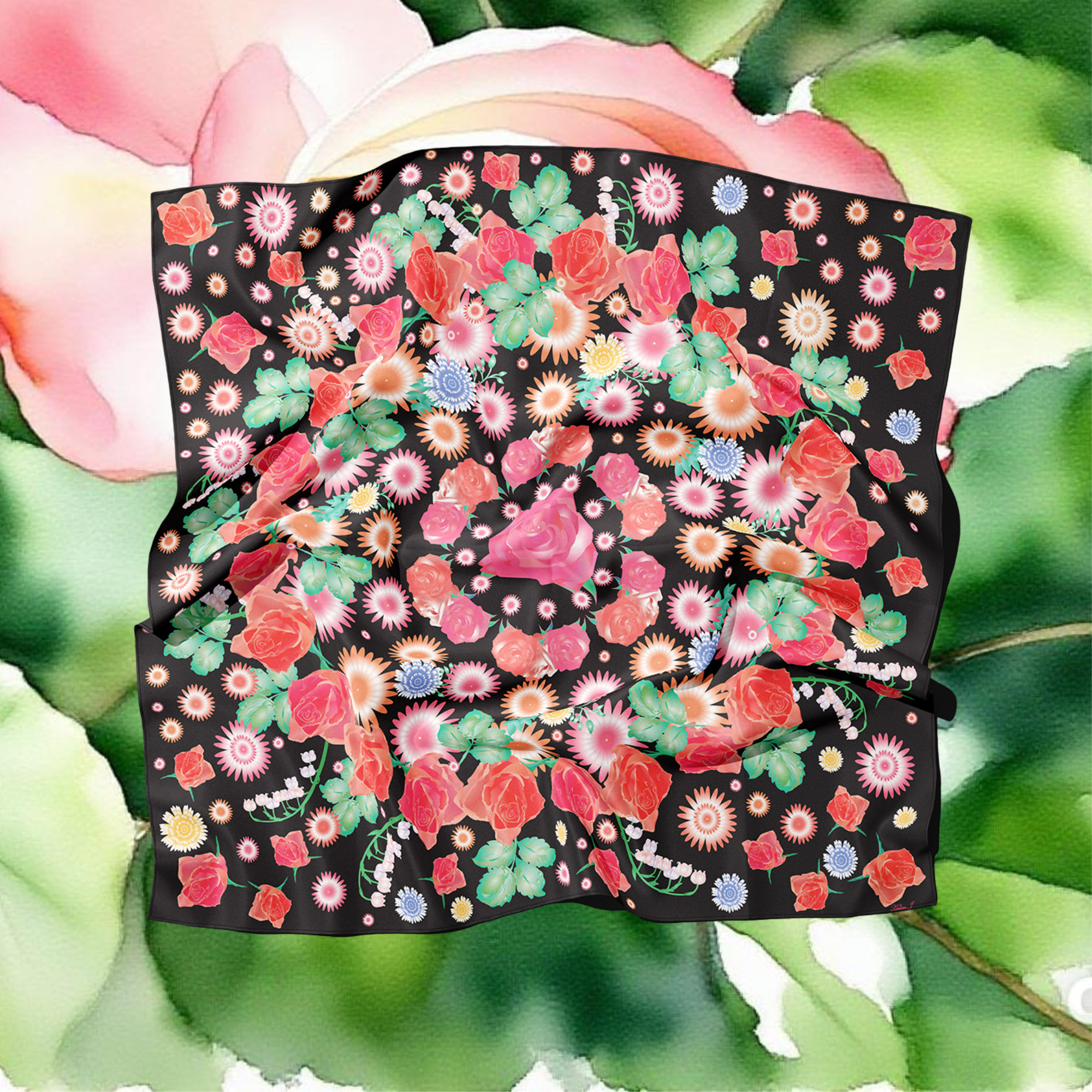 Floral patterned Silk Twill Scarf with roses and lilies on a black background.