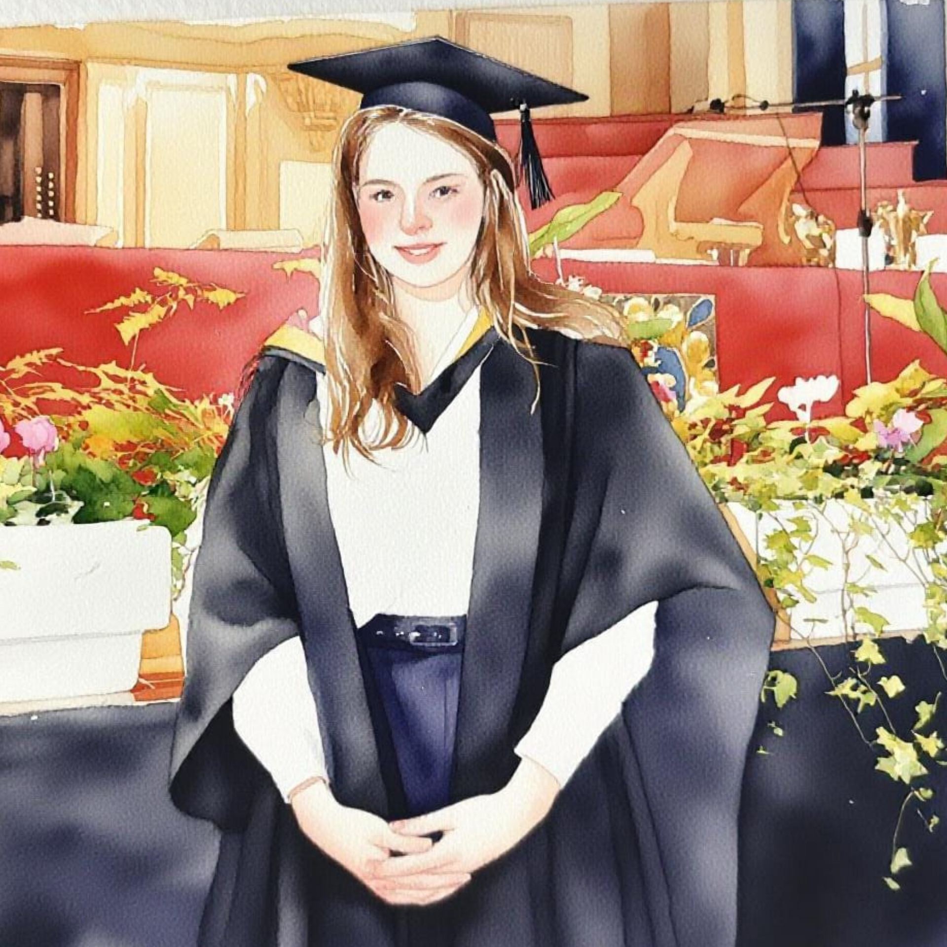 Graduate in cap and gown sitting on a decorative chair with flowers and a red  in the background