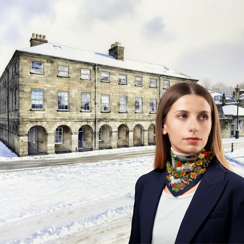 Woman wearing a colorful scarf in front of a snowy building