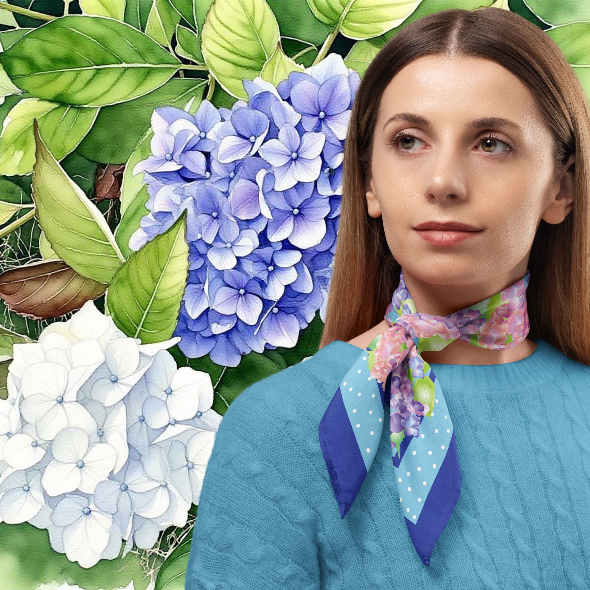 Woman wearing a colourful  silk scarf with floral patterns against a background of blue and white hydrangeas and green leaves.