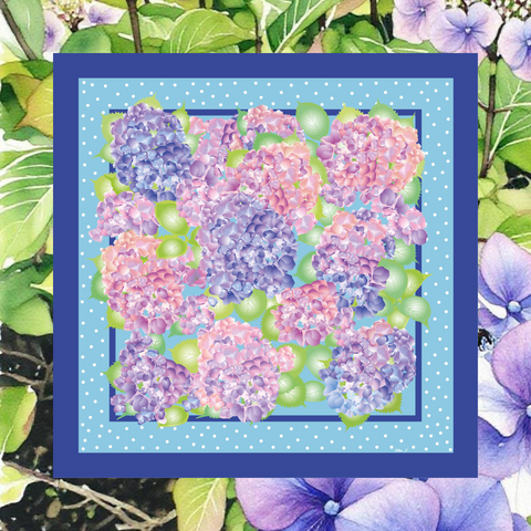 Hydrangeas with purple and pink flowers in a blue border on a green leaf background with pin spots.