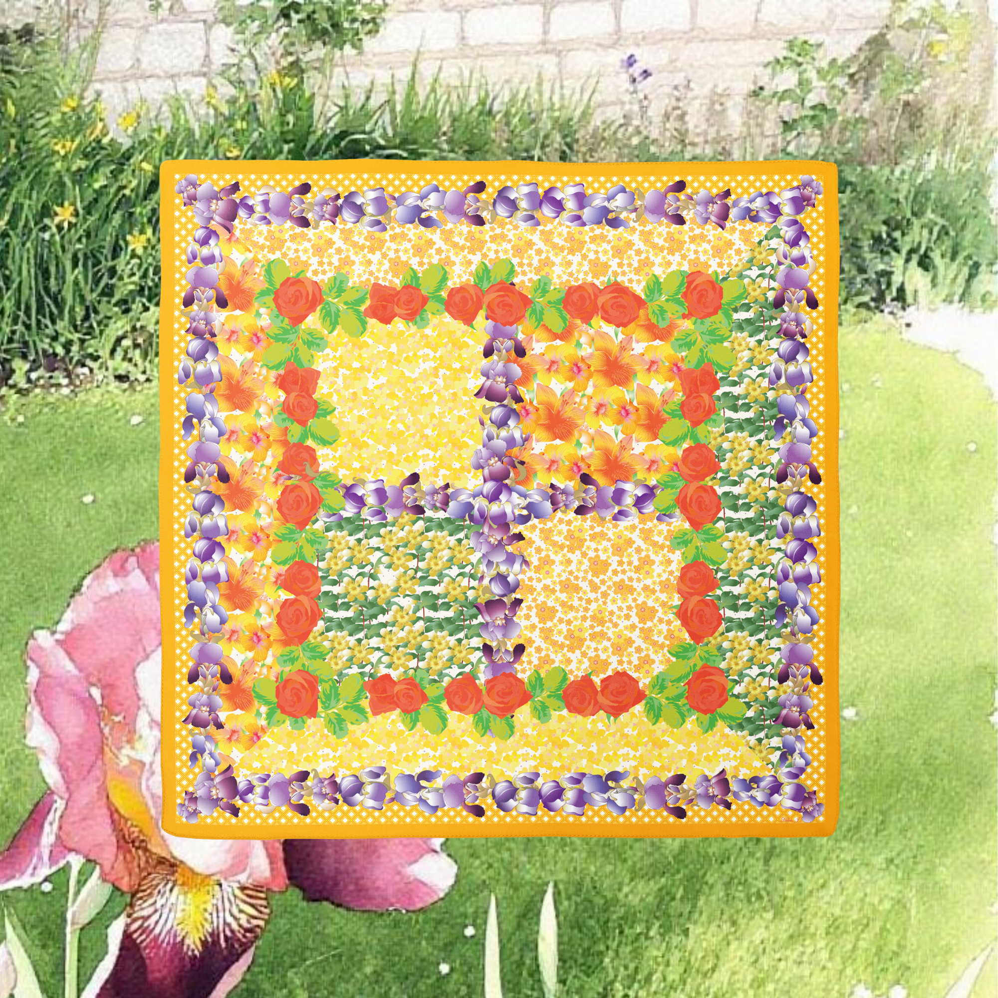Colorful quilt with floral patterns on a grassy background