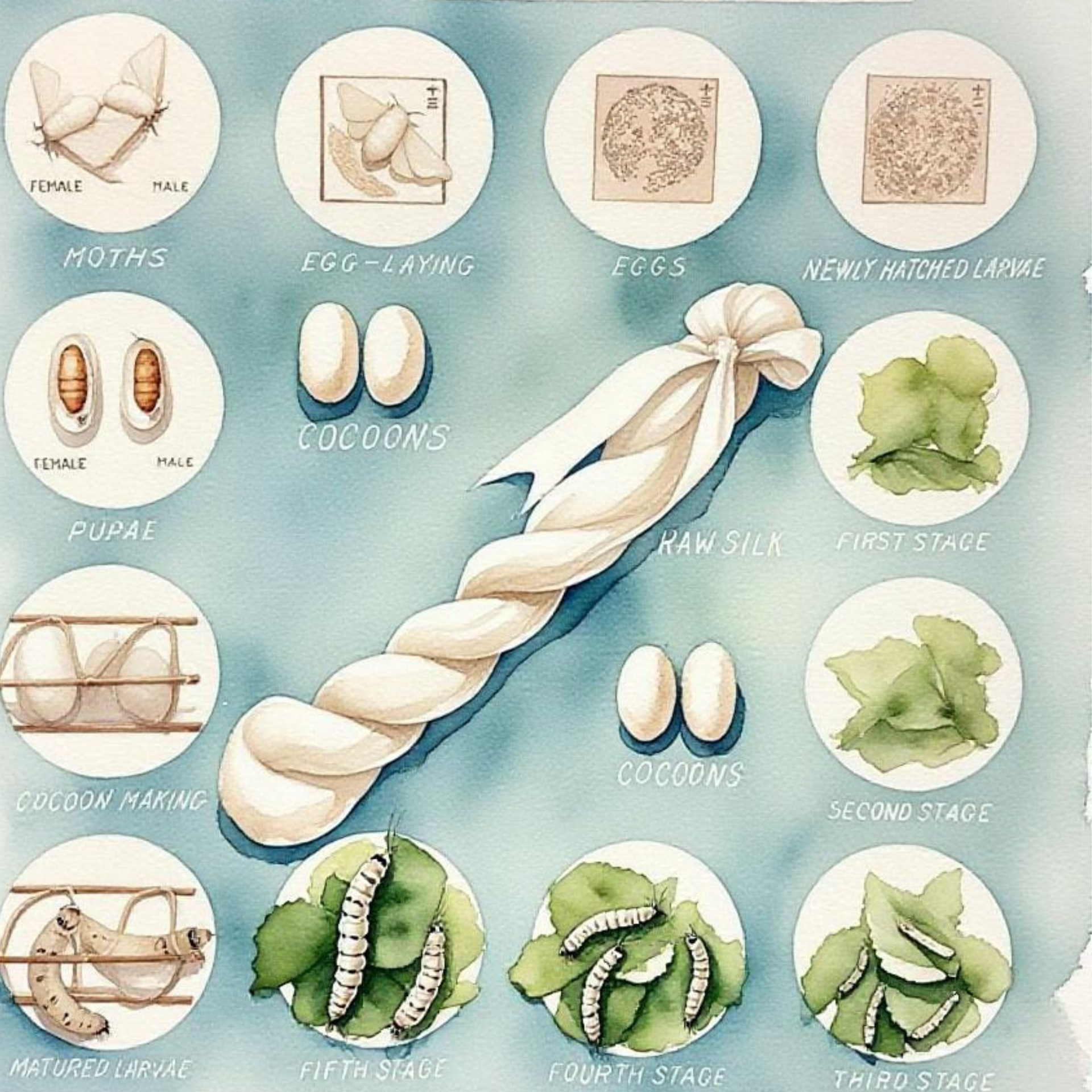 Illustration of the life cycle of a moth with stages depicted in circular illustrations.