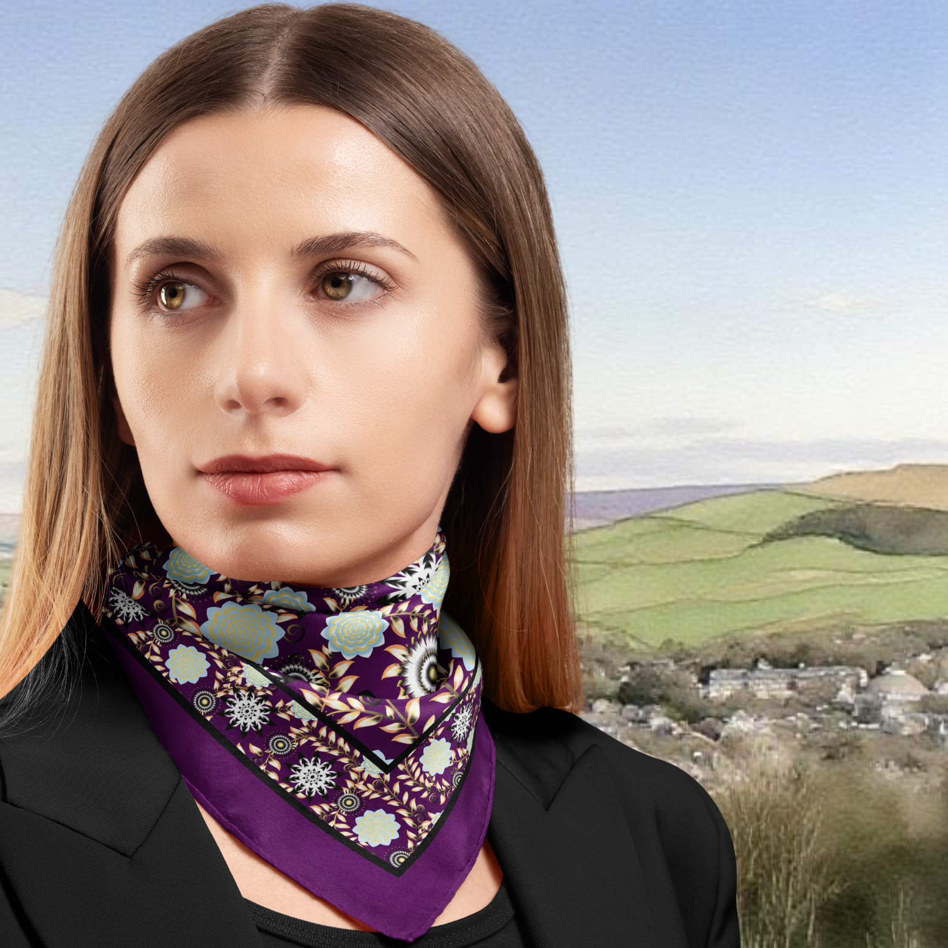 Woman wearing a patterned scarf with a scenic background in the Peak District
