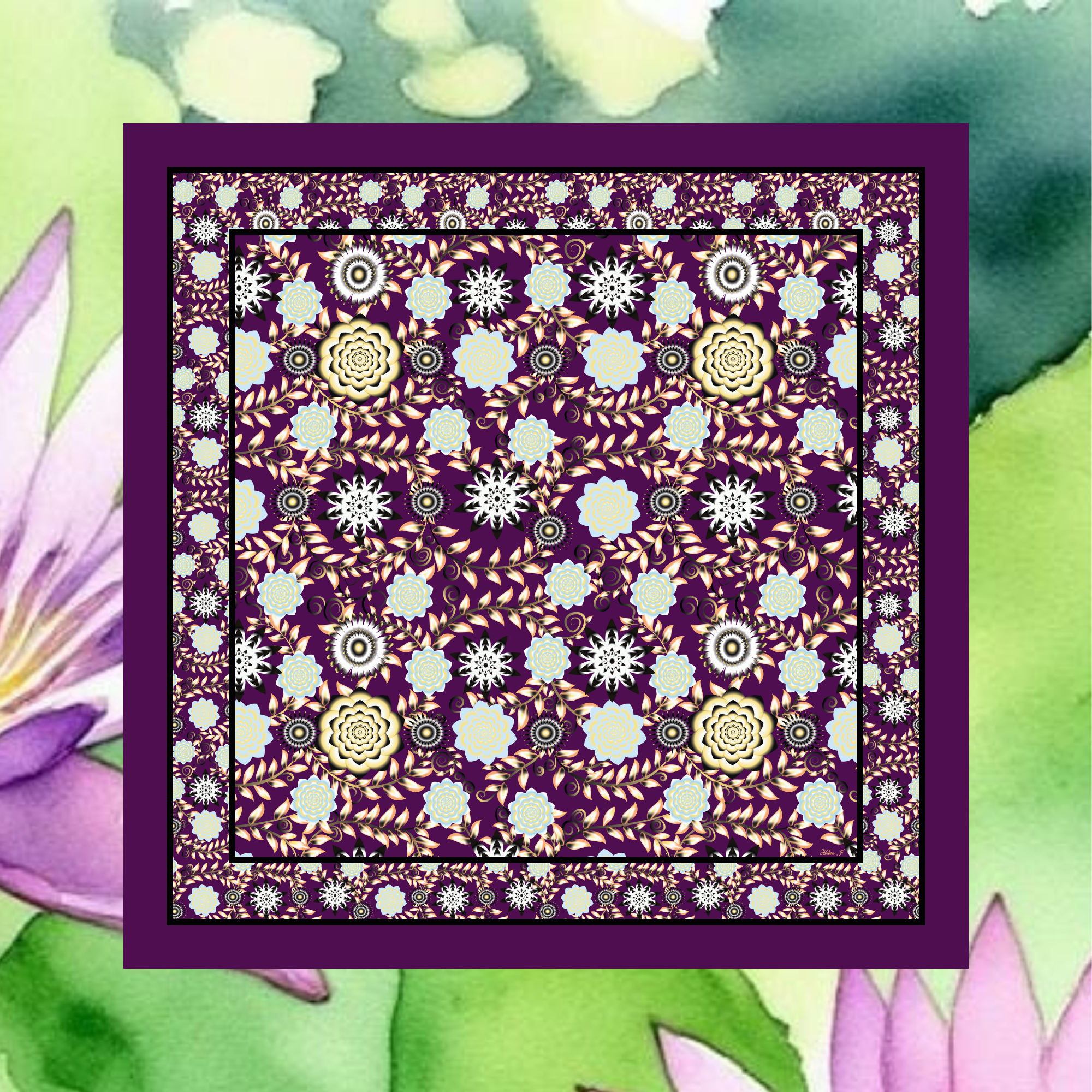 Decorative fabric with a purple border and intricate pattern on a floral background