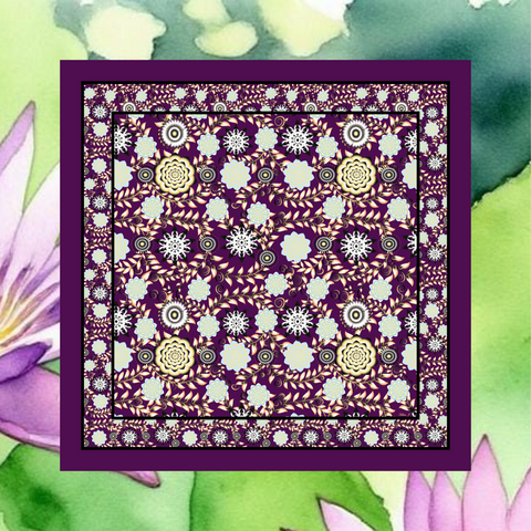 Decorative fabric with a purple border and intricate pattern on a floral background
