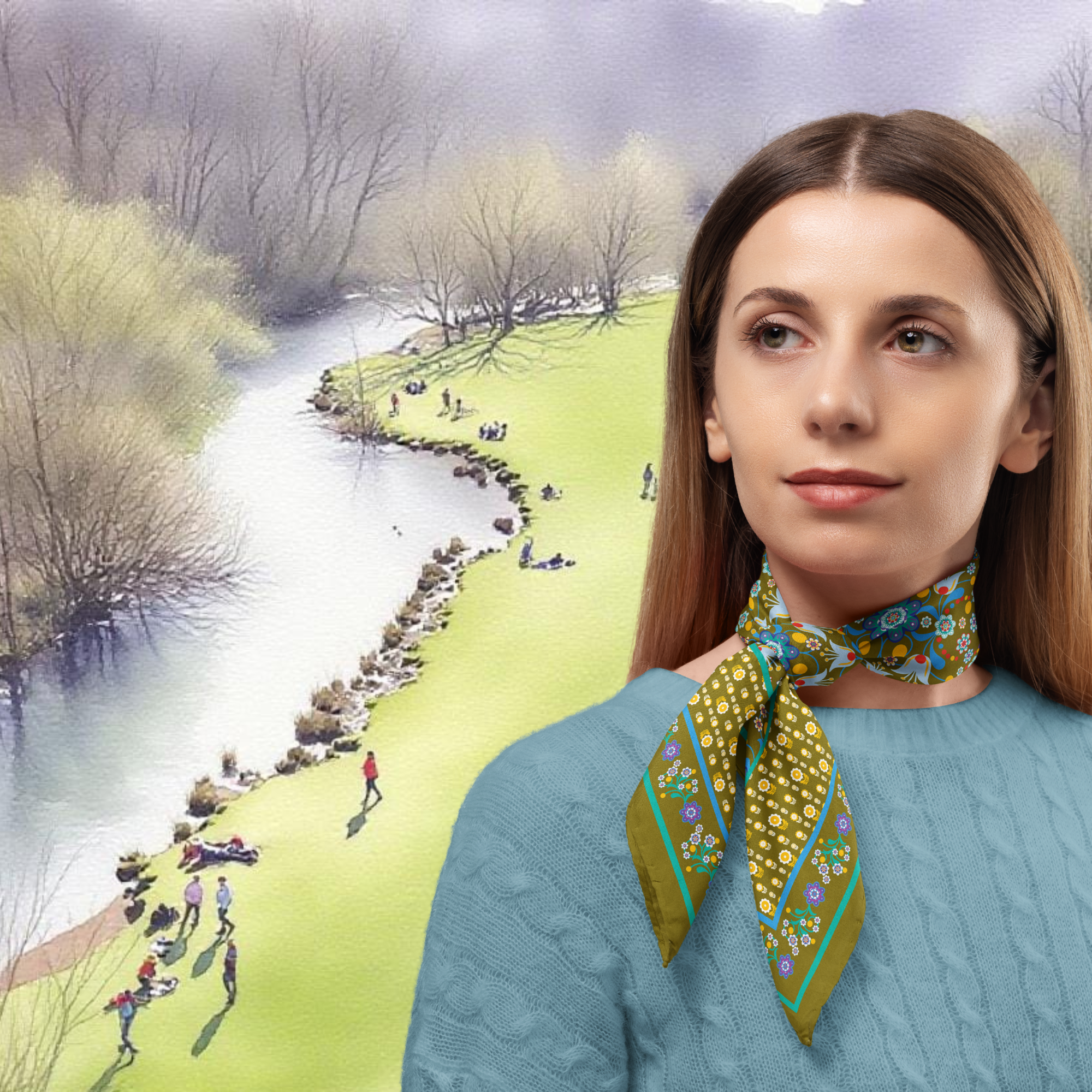 Woman wearing a patterned scarf with a scenic background of a river  on the Monsal Trail Peak District and people walking.