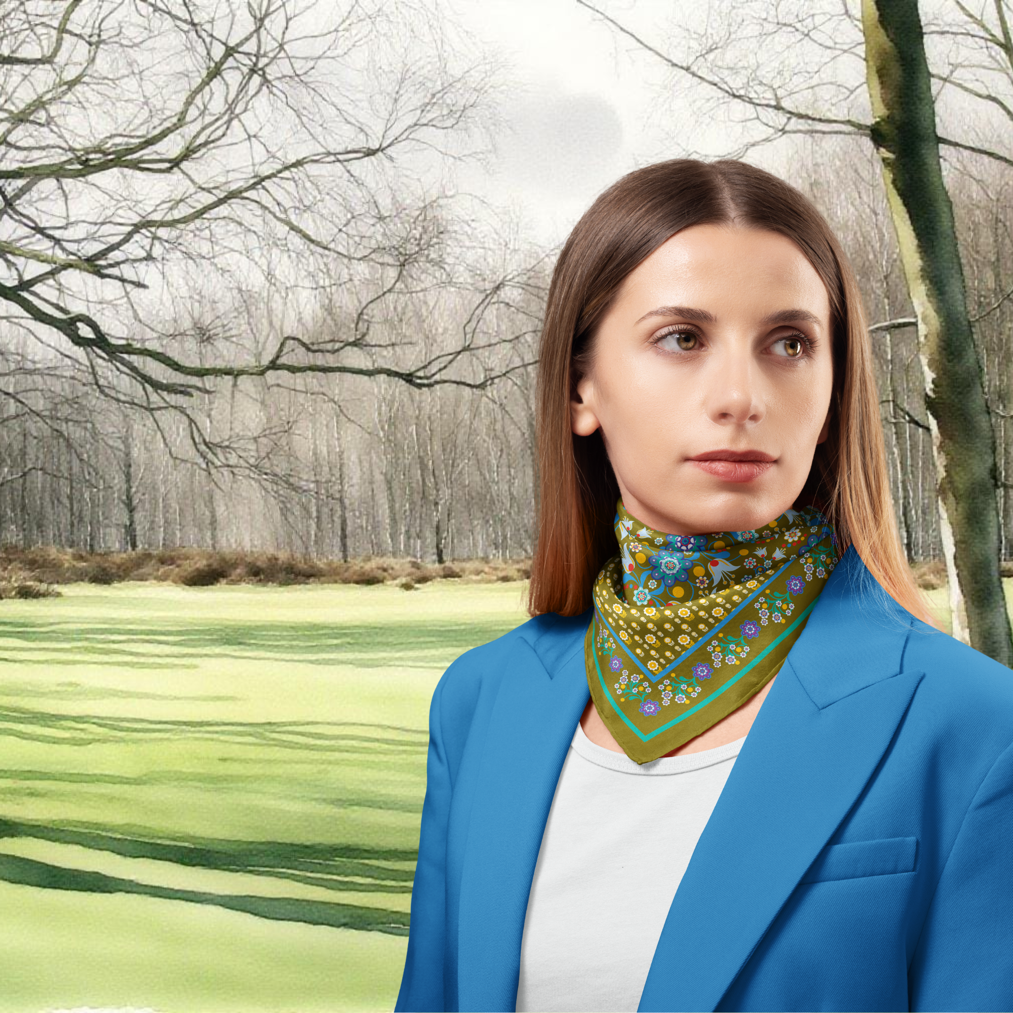 Woman wearing a blue blazer and patterned scarf in a forest setting
