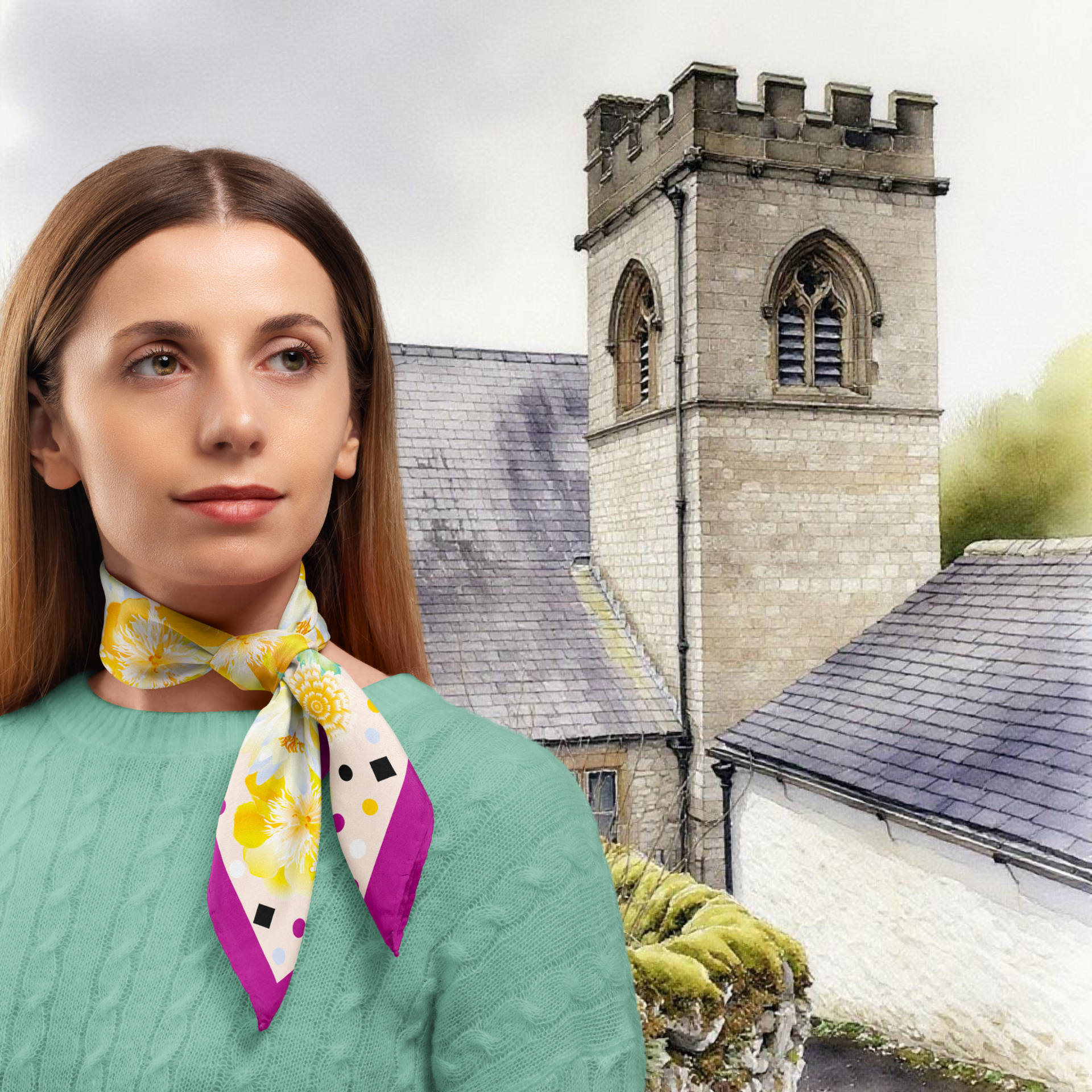 Woman wearing a colourful scarf with a church tower in the background in the Peaks near worm Hill