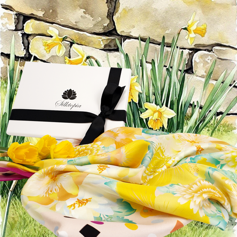 Floral-patterned product with a white box featuring a black ribbon and 'Silktopia' logo, set against a stone wall and grass background in Castleton