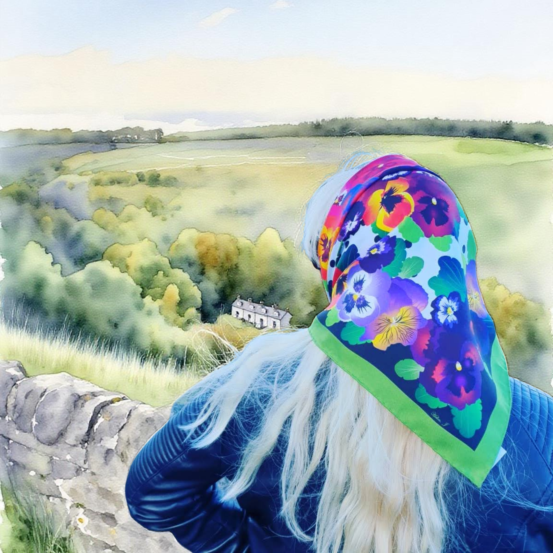 Person wearing a colourful floral Pansy headscarf with a scenic landscape in the background