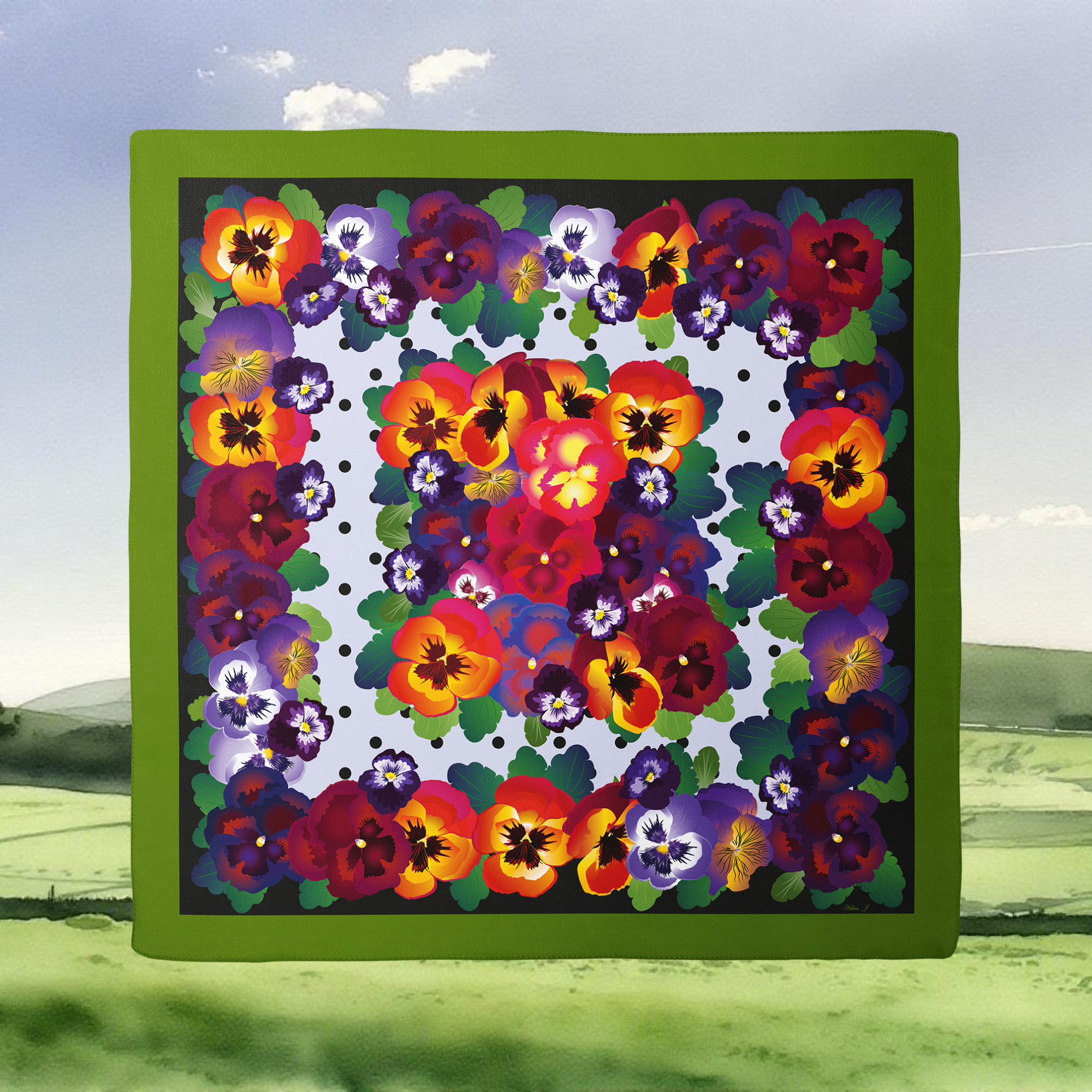 Colourful floral patterned fabric with a green border against a natural background in the Peaks