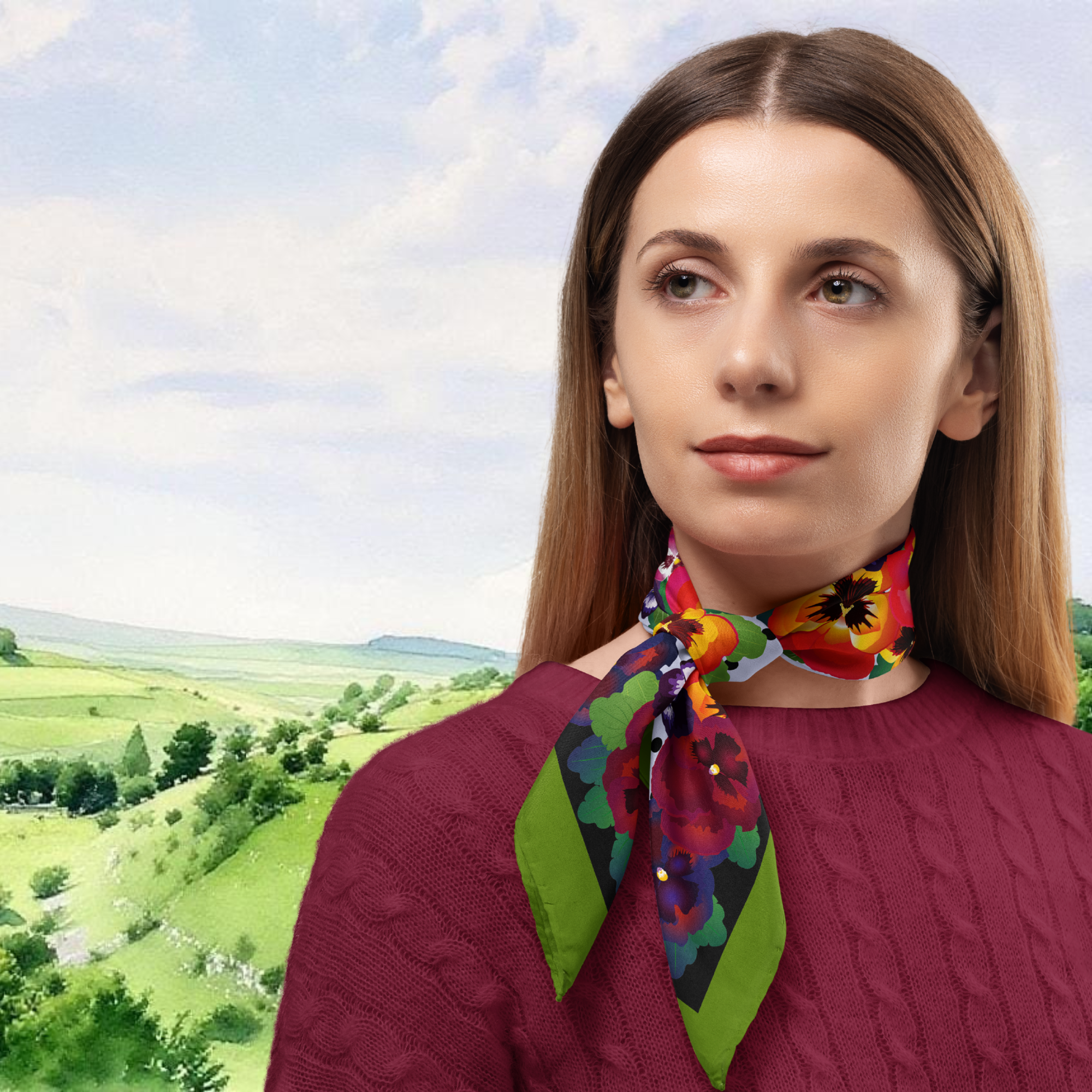 Woman wearing a colourful floral Pansy scarf with a scenic background in the Peaks