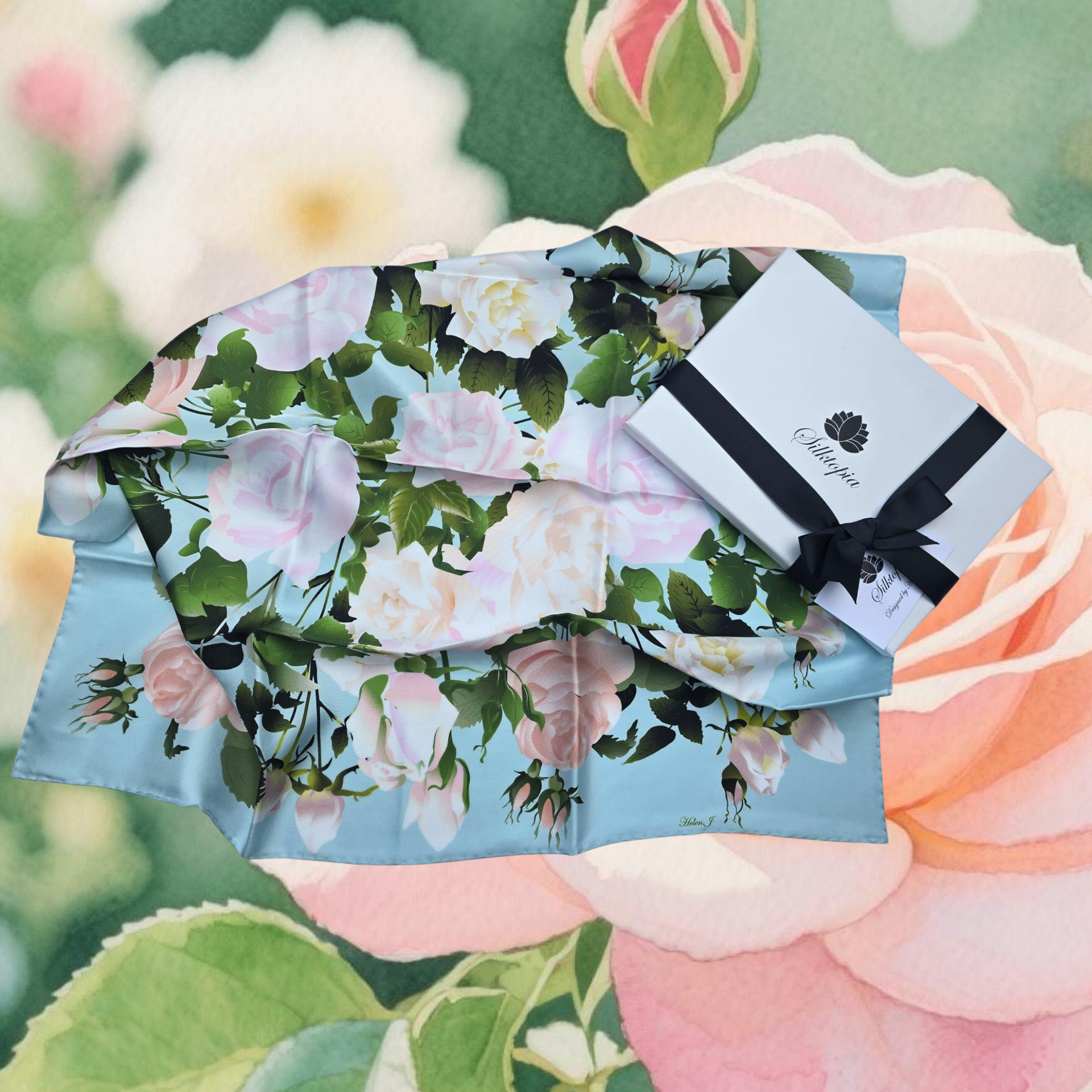Floral-patterned product with a Silktopia Box on a floral background