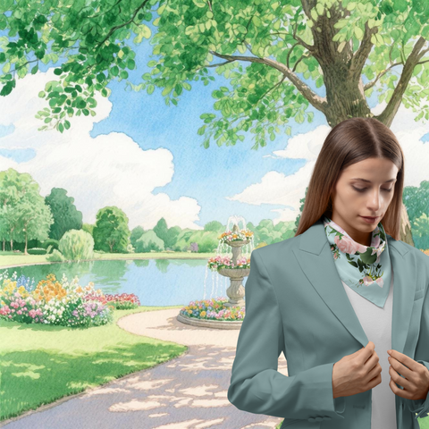 Woman in a park with a lake and fountain in the background