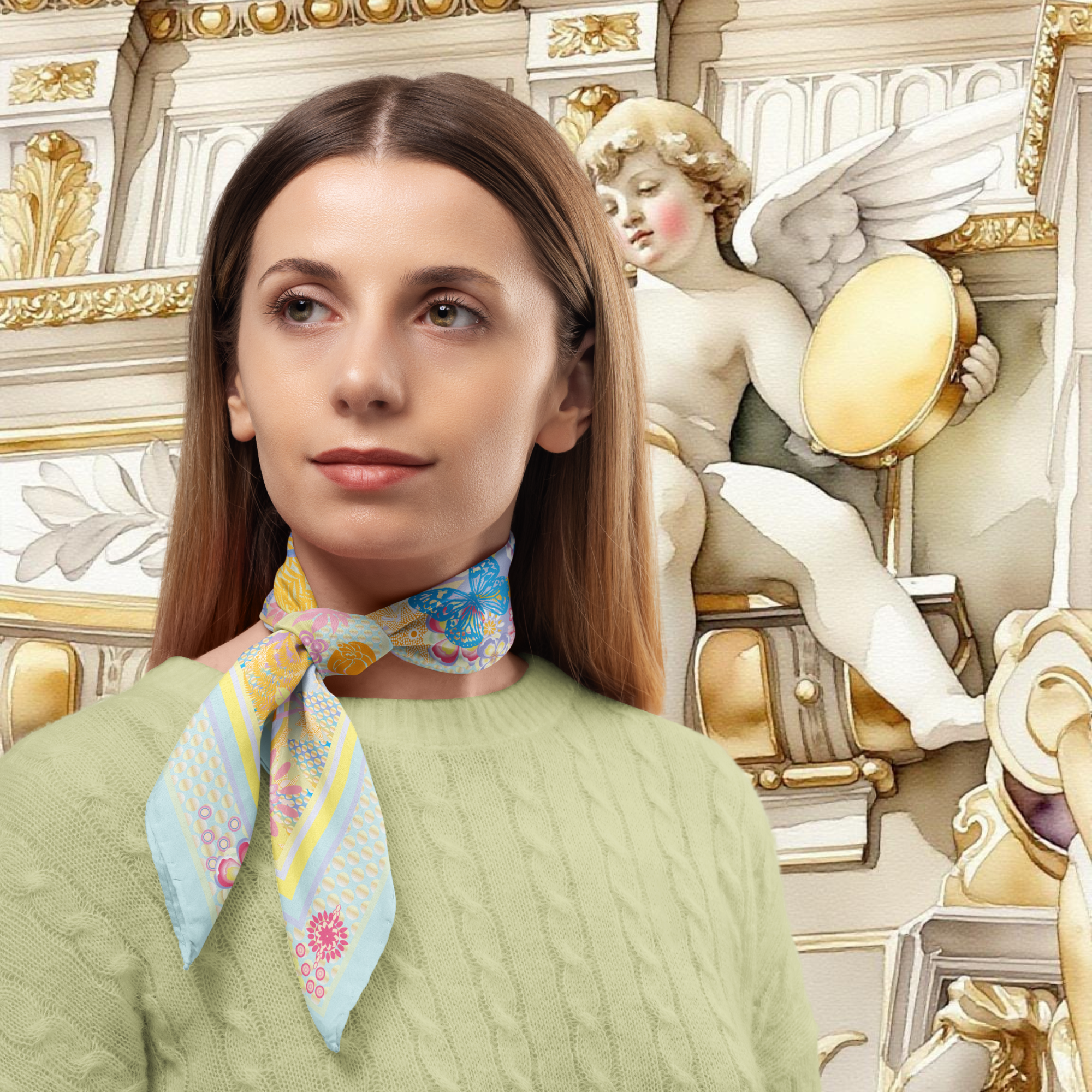 Woman wearing a colourful scarf with an angel statue in Buxton Opera House