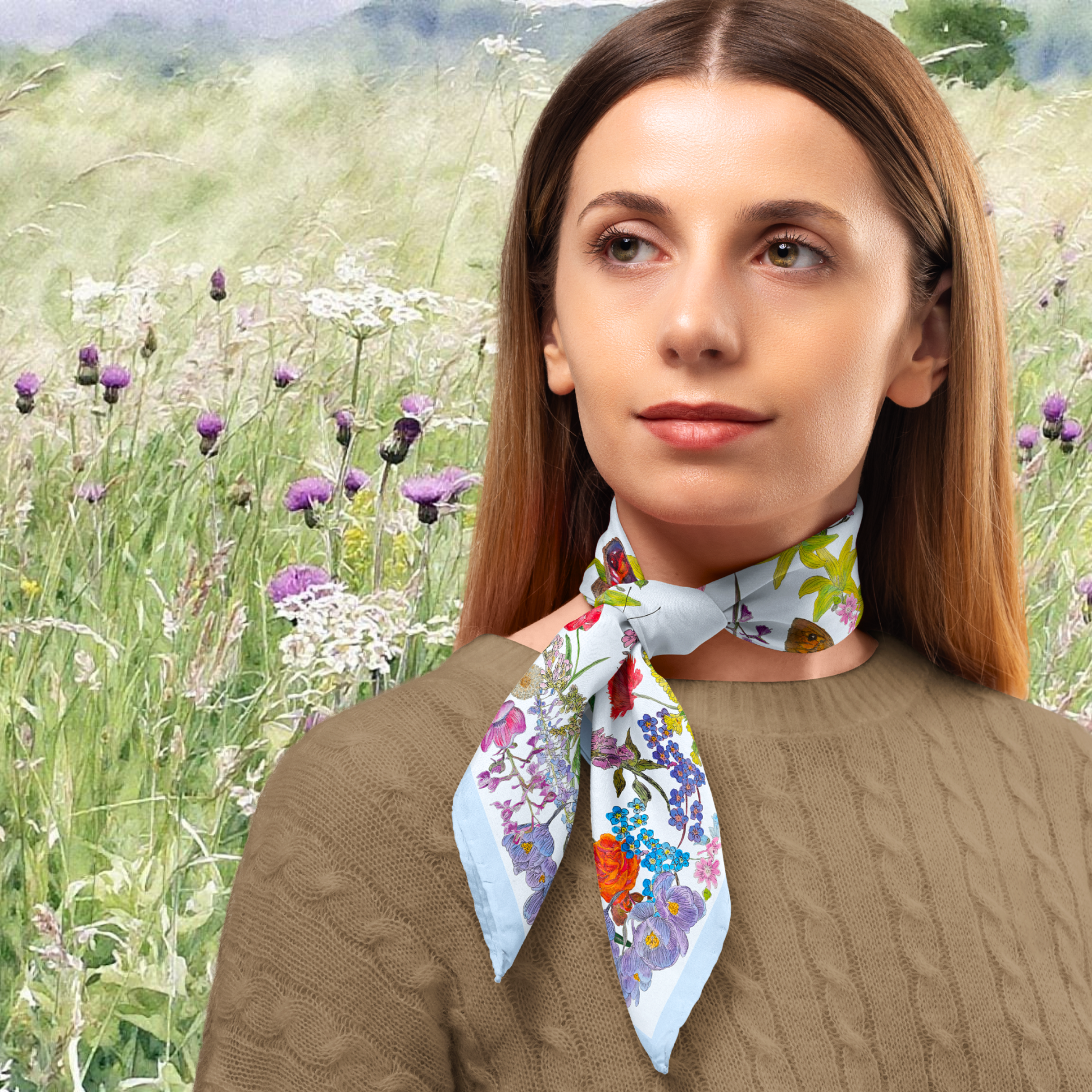 Woman wearing a floral scarf with a field of flowers in the background