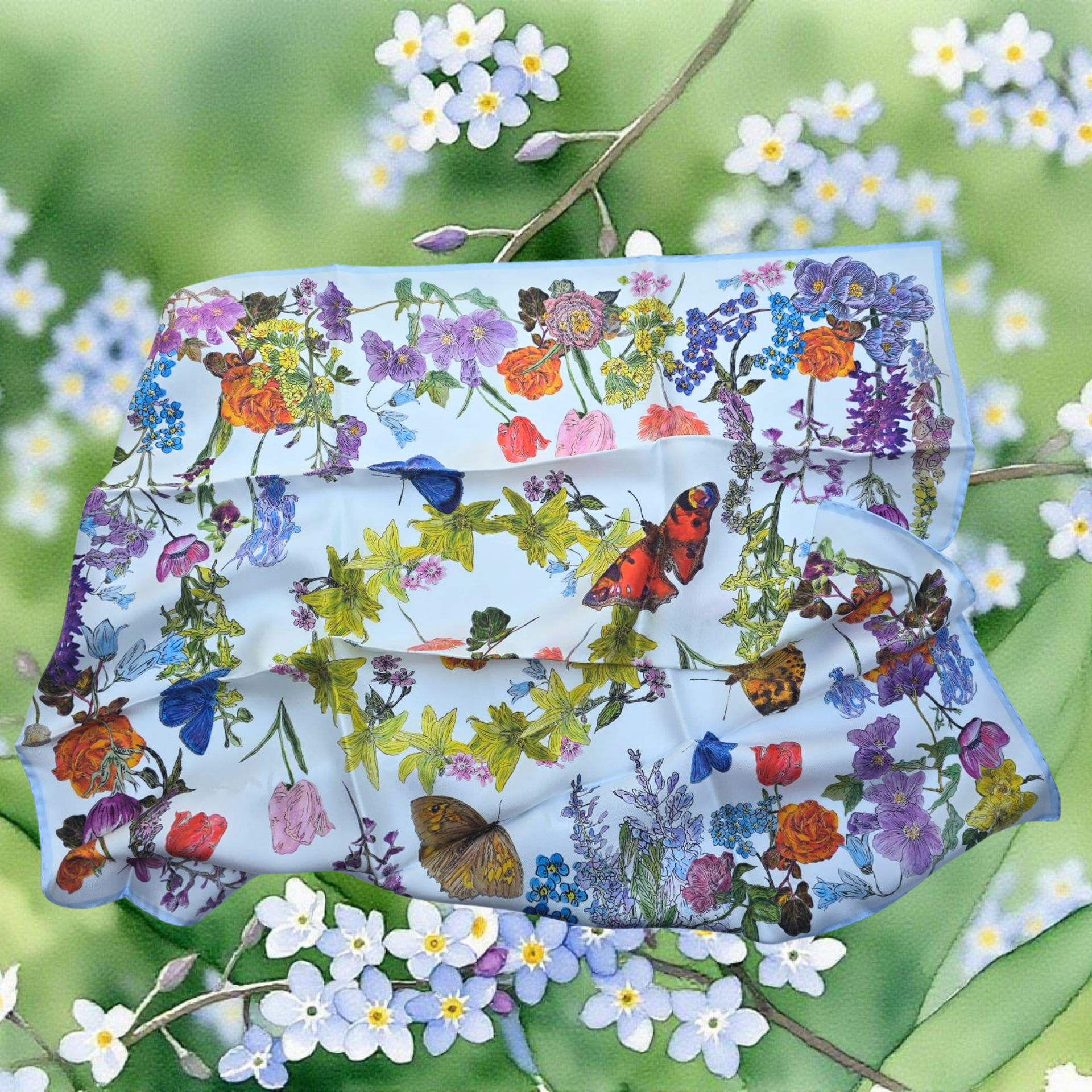 Floral and butterfly patterned product on a green background with flowers