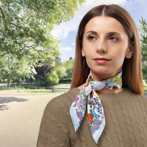 Woman wearing a floral scarf with a park background