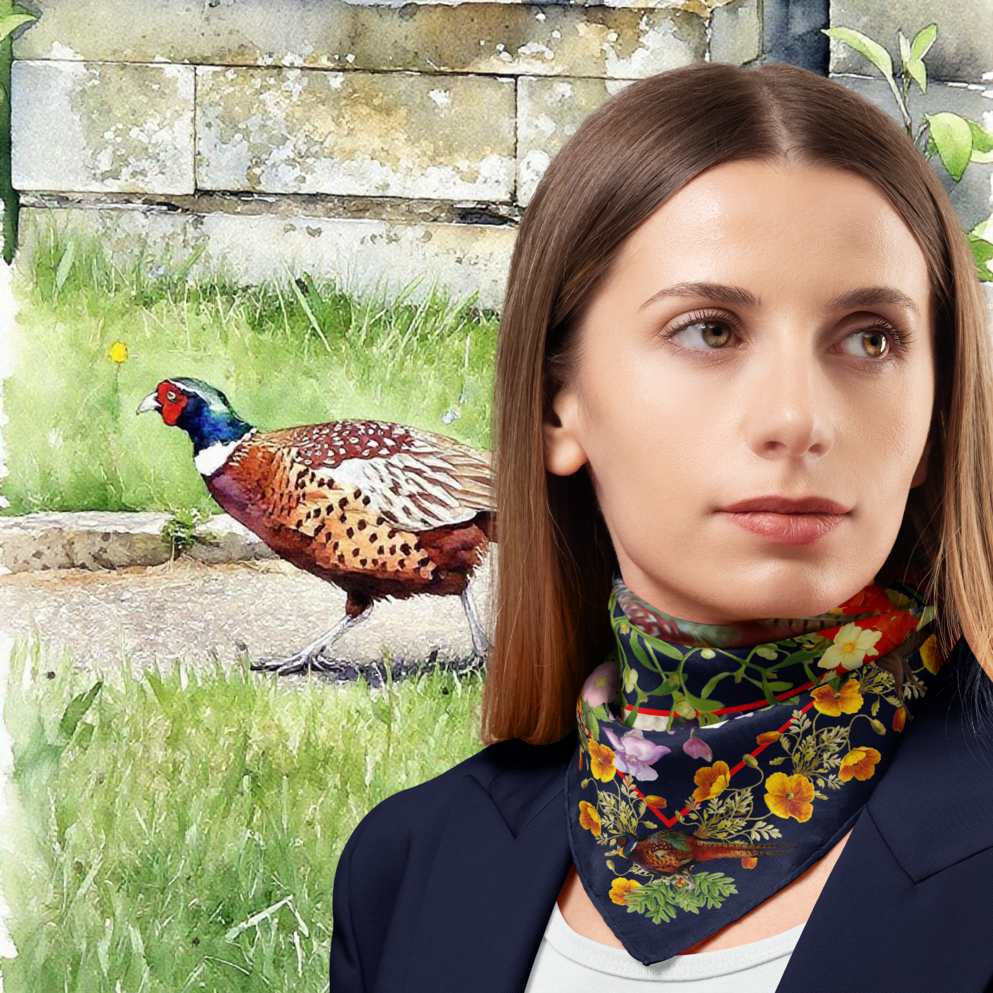 Woman wearing a floral scarf with a painted pheasant in the background
