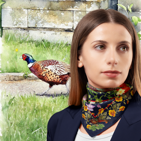 Woman wearing a floral scarf with a painted pheasant in the background
