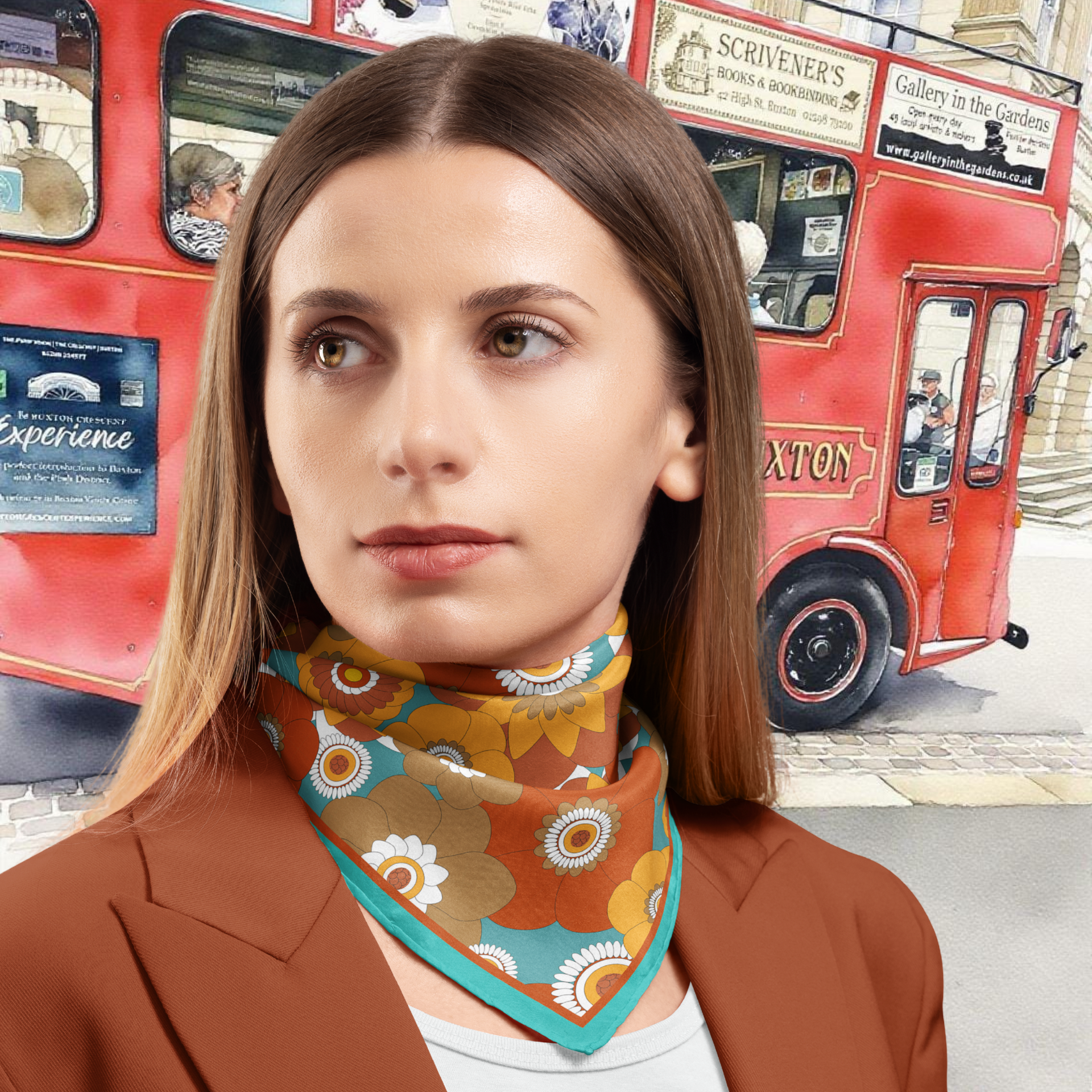 Woman wearing a colourful retro silk twill scarf with a red double-decker bus in the background